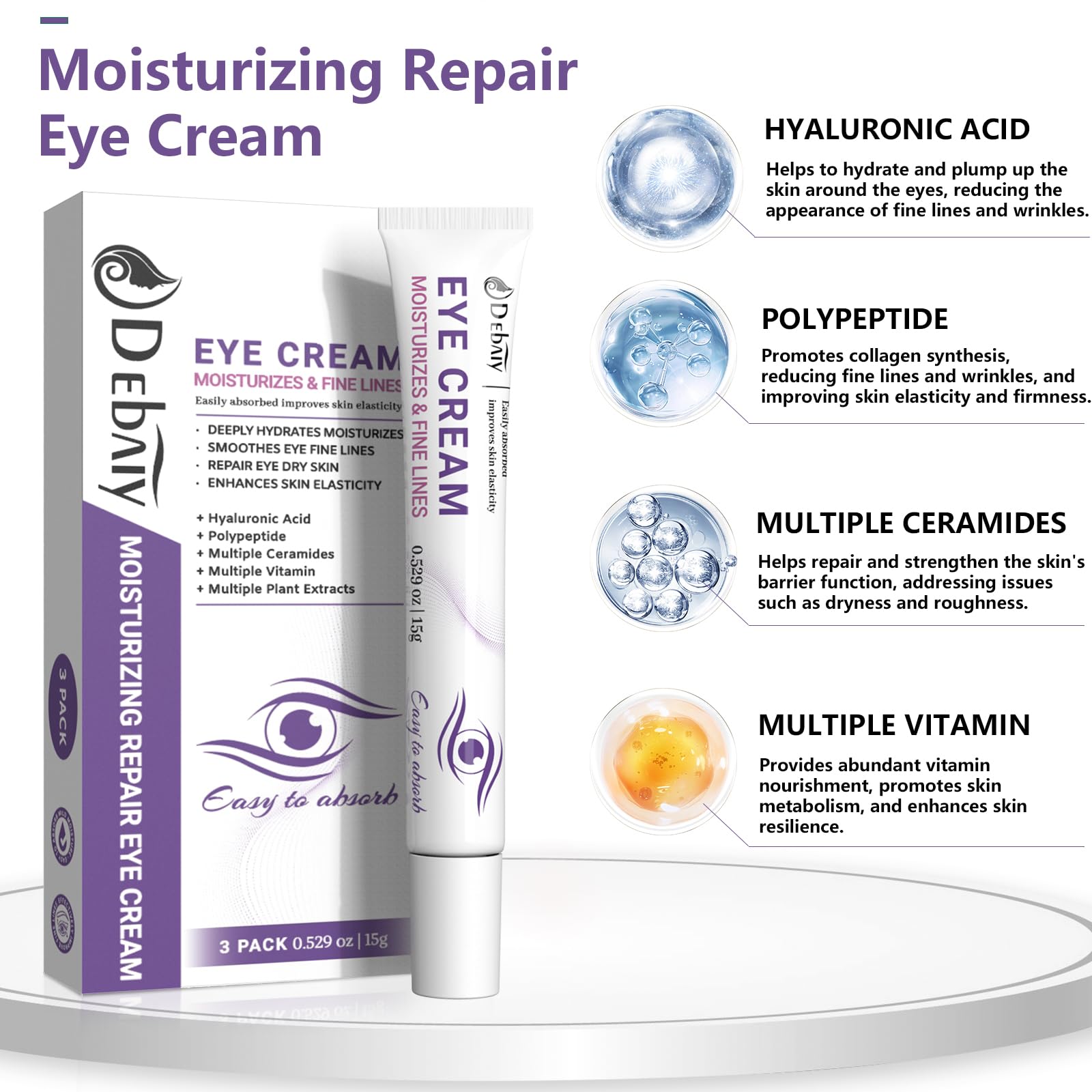 DEBAIY 3 Pack Eye Cream Hydrating & Repairing with Hyaluronic Acid & Peptides - Moisturizes, Smooths Fine Lines, Enhances Elasticity (Each 0.529oz | 15g)